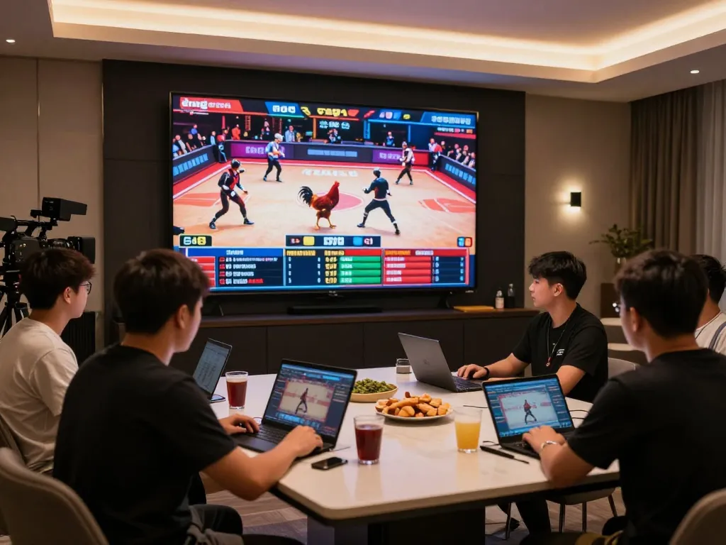 Daga live betting scene with players cheering during an exciting chicken fight event.