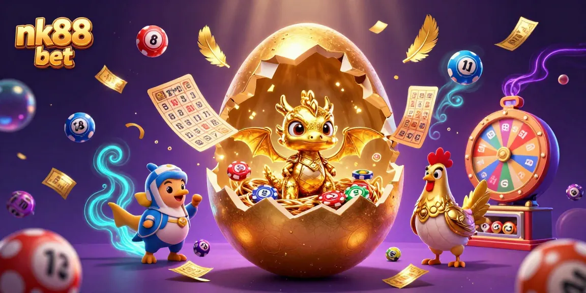 Experience the excitement of nk88 bet with a dazzling golden dragon and vibrant lottery elements.