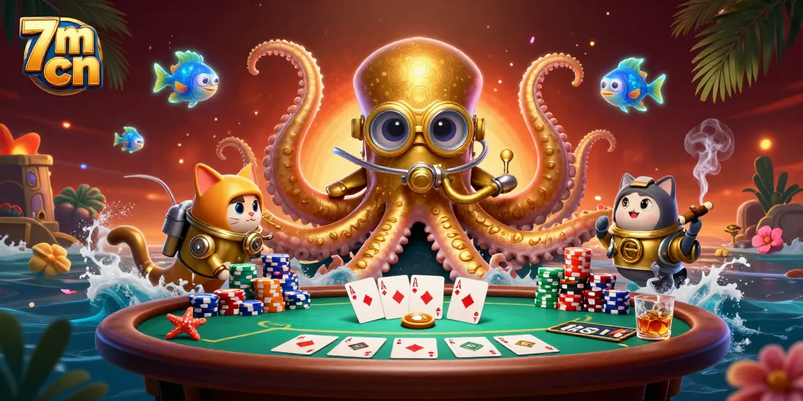 Experience thrilling action at 7m cn with a vibrant illustration of a kraken and poker elements.