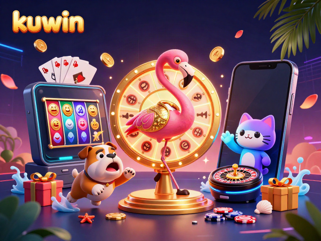 Experience exciting wins with kuwin in this vibrant 3D casino illustration featuring game elements and lively characters.