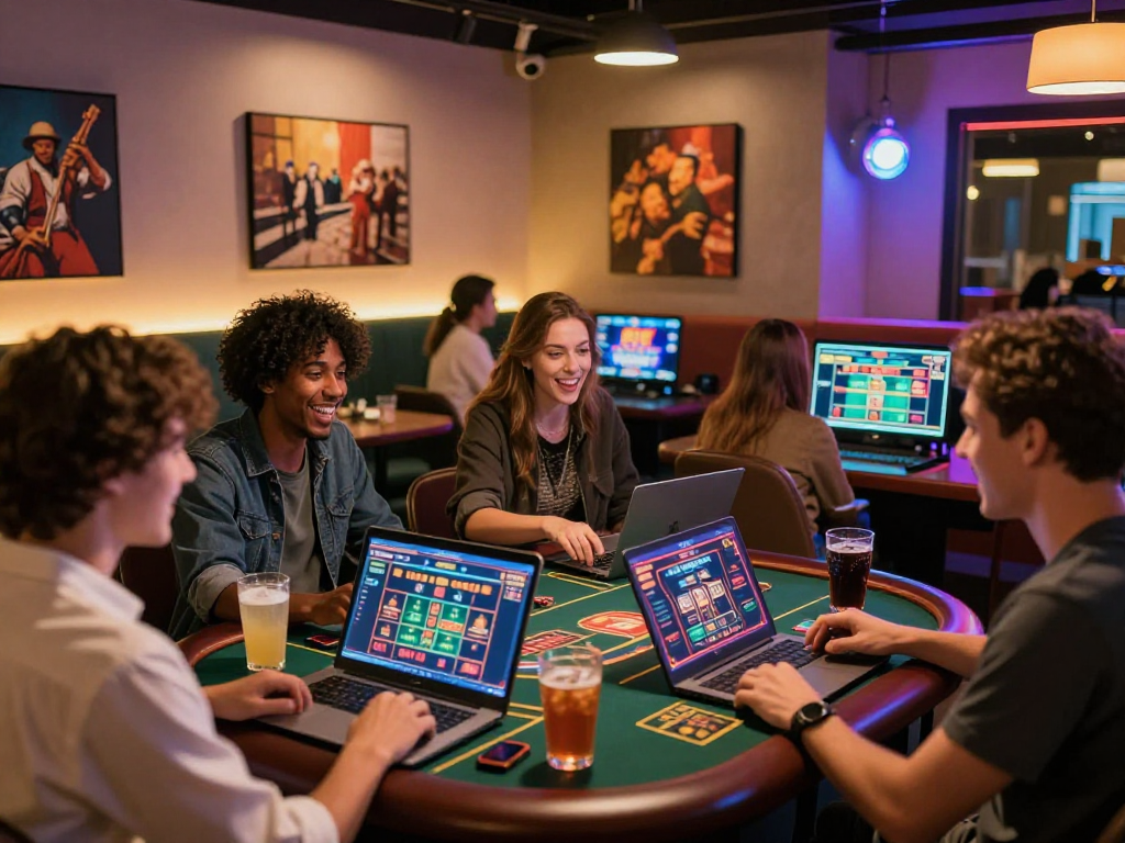 Giocatori nei casino non AAMS mentre si divertono con giochi online in un ambiente vivace e moderno.
