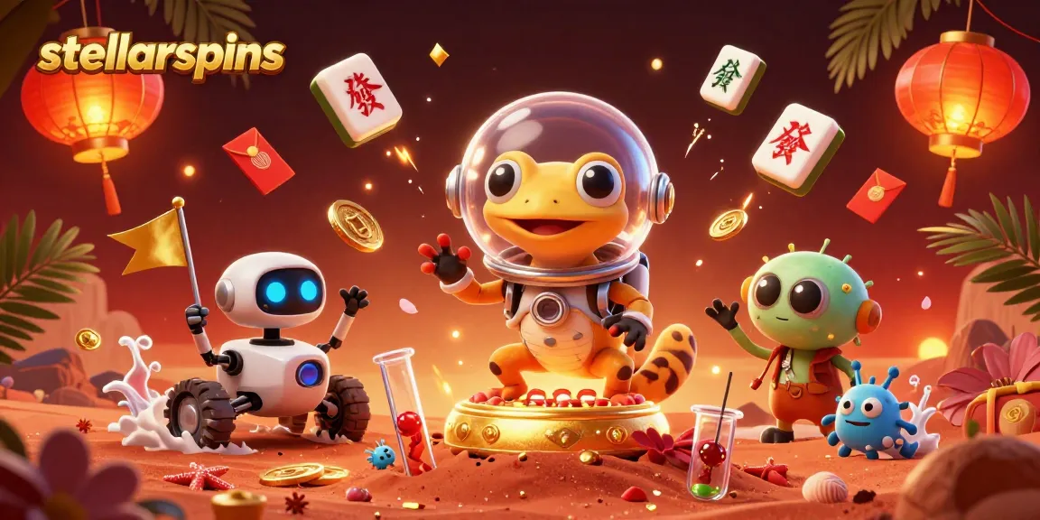 Stellarspins showcases an engaging Martian gecko exploring a golden casino amidst vibrant gambling elements.