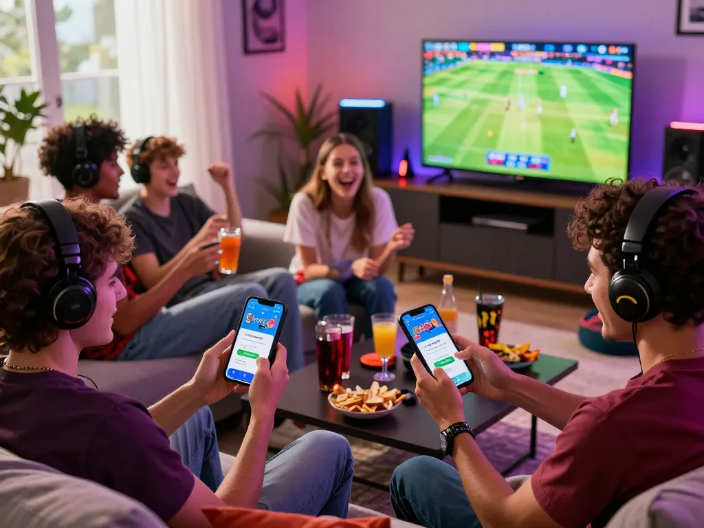 Exciting scene of friends using the crickex referral code on smartphones while enjoying a cricket game together.