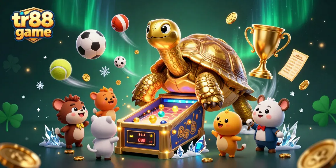 Action-packed scene showcasing the tr88 game with a golden tortoise pinball machine among excited players.