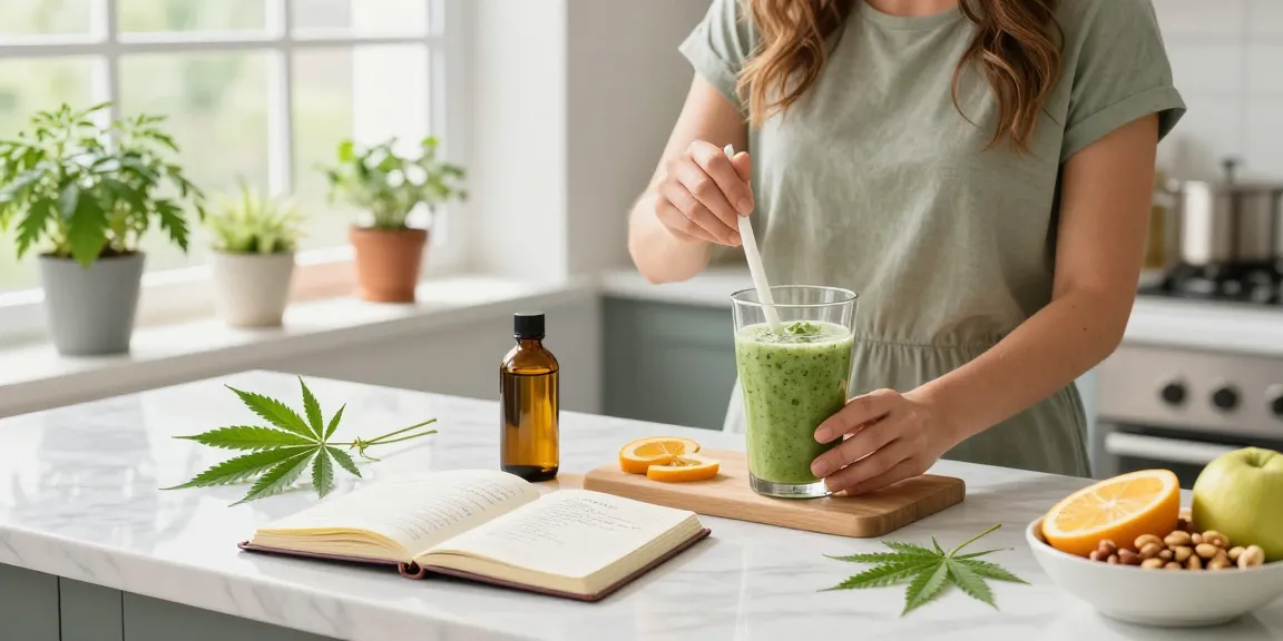 Ministryofcannabis CBD oil and smoothie ingredients in a bright kitchen.