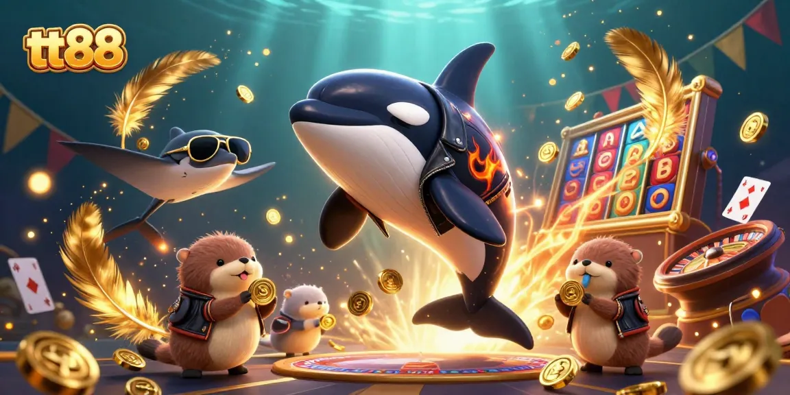 Engage with excitement at tt88's vibrant casino scene featuring an orca, stingray, and sea otters with golden coins.