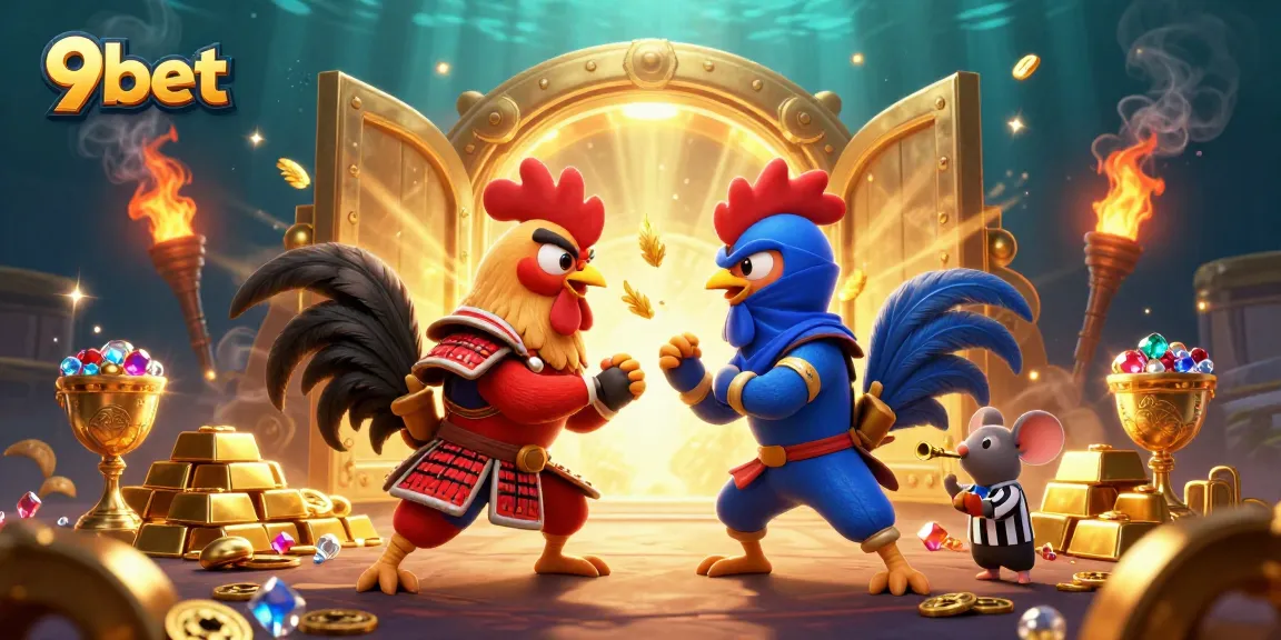 Experience the thrill of 9bet with twin roosters in a lively casino scene!