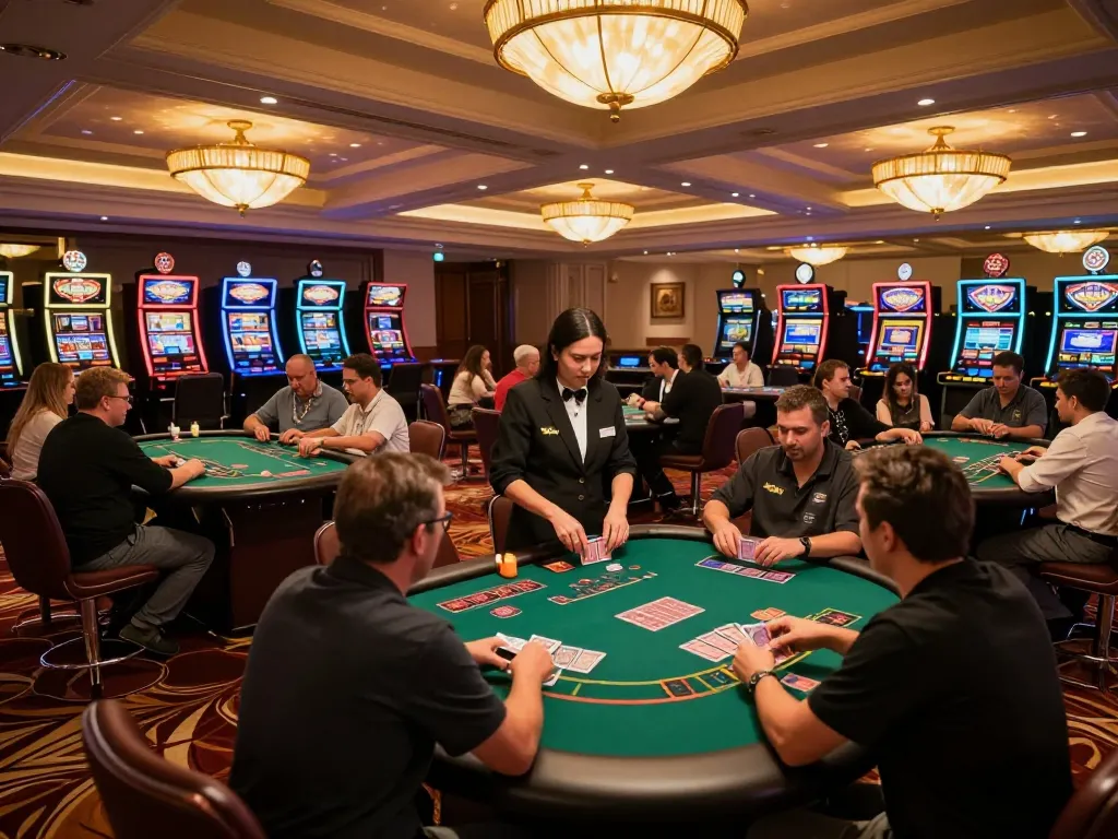 Dynamic gameplay scene at lc88 com showcasing players at blackjack tables in a vibrant casino setting.