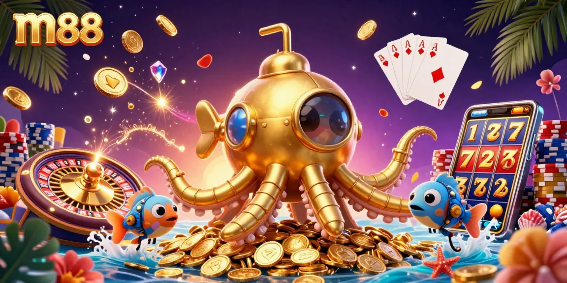 Experience the thrilling m88 casino scene with a golden kraken and dynamic game elements.