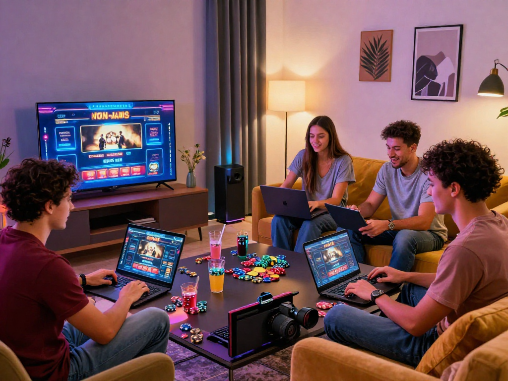 Giovani amici che giocano a casino non aams, atmosfera vivace nel soggiorno moderno.