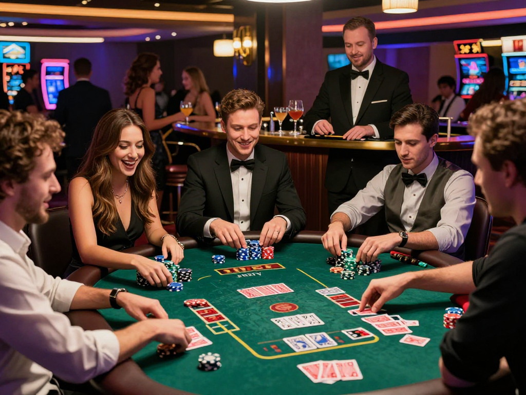 Giocatori in un casinò non AAMS, emozioni forti e atmosfera vivace con tavolo di gioco e dealer professionale.