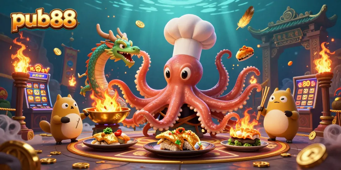 Experience vibrant casino excitement at pub88 with a sushi chef octopus, dragon, and tanuki in action.