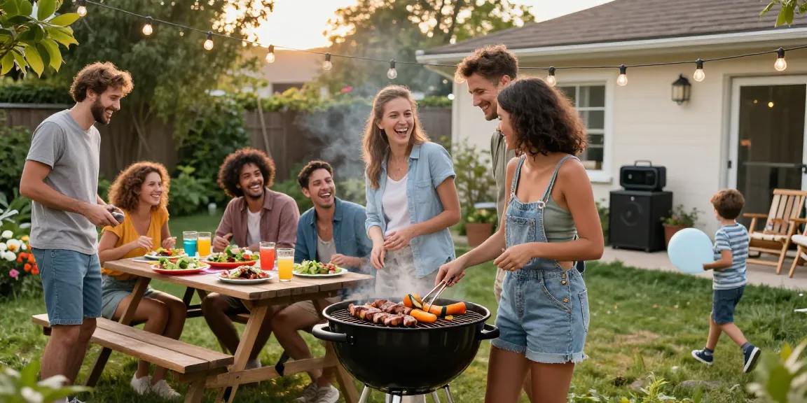 Teman-teman merayakan BBQ outdoor di kebun dengan BOS88 dan hidangan lezat.