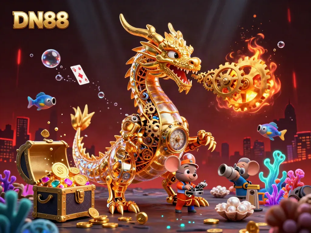 Experience DN88's thrilling casino adventure with a golden dragon, treasure, and vibrant underwater elements.