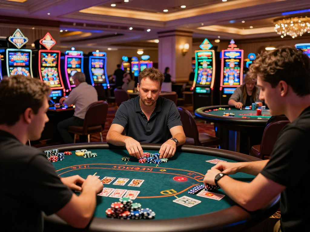 Giocatori al casinò non aams mentre si divertono a un tavolo da poker con fiches colorate e un'atmosfera vivace.