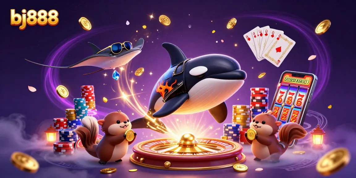 Engage with bj888's thrilling gaming scene featuring cartoon animals and dynamic gambling elements.
