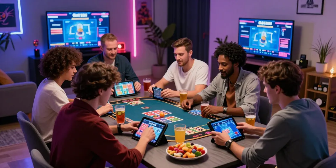 Friends enjoying a lively rikvip gaming night with tablets and snacks.