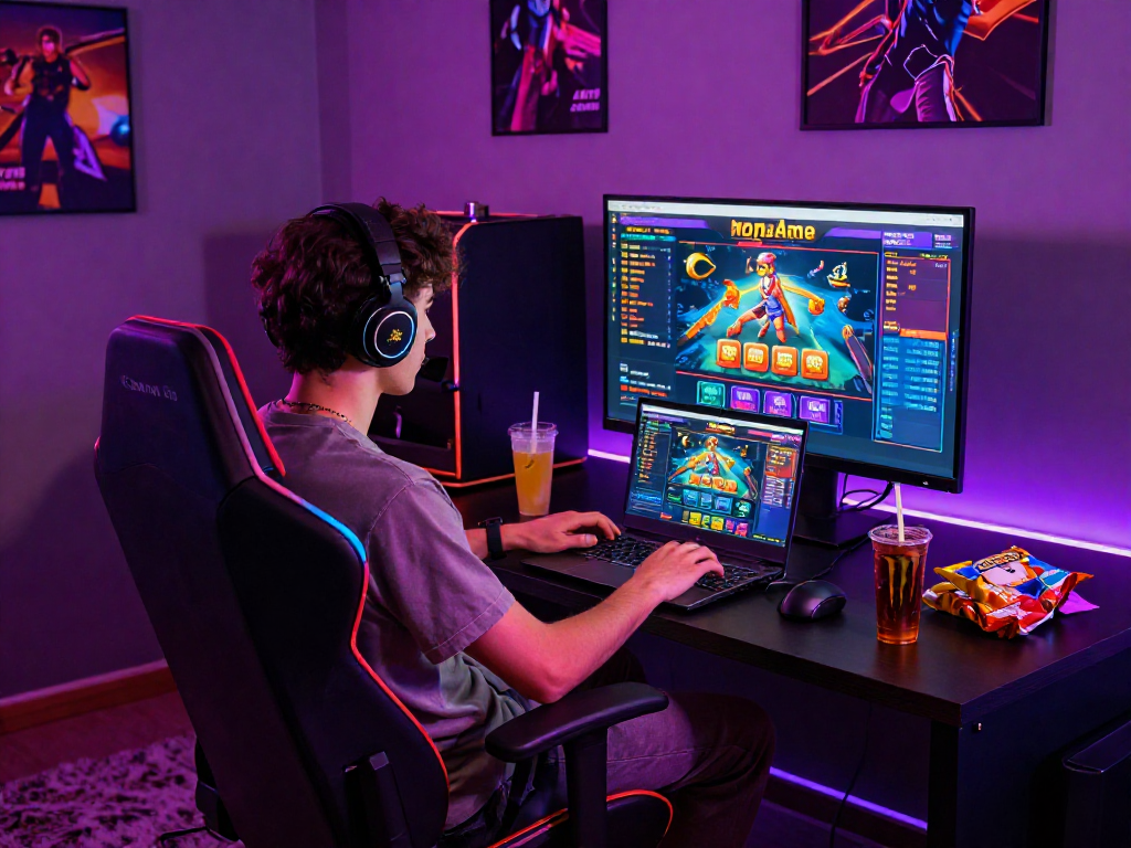 Giocatore immerso in un ambiente di gioco online, interagisce con un sito casino non AAMS, circondato da luci LED vivaci.
