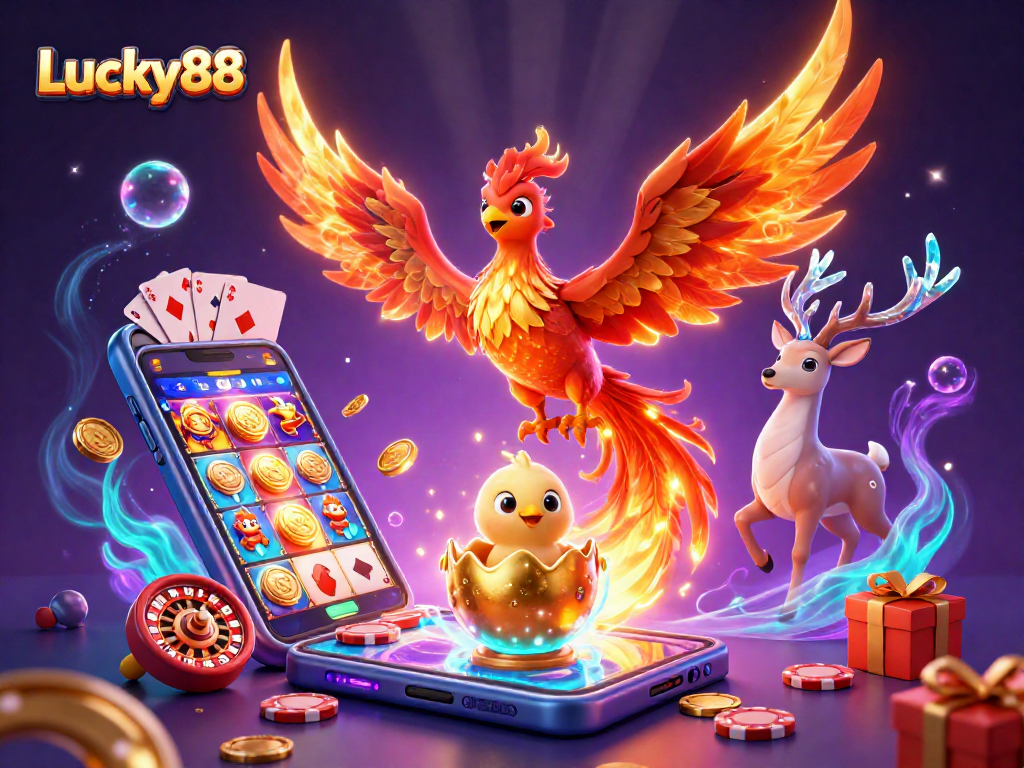 Experience excitement at Lucky88 with a 3D illustration of a soaring phoenix, dynamic games, and vibrant casino elements.