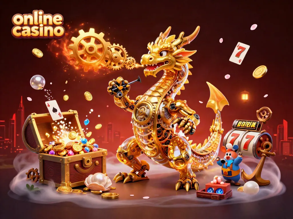 Experience the thrill of online casino gaming with a dynamic illustration featuring a dragon and vibrant slot elements.