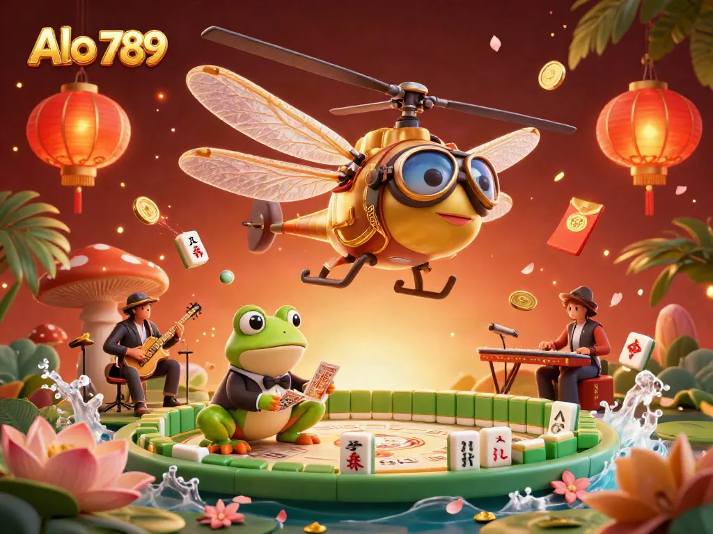 Alo 789 boosts excitement with a dragonfly pilot in a casino scene featuring a lively frog dealer and jazz musicians.