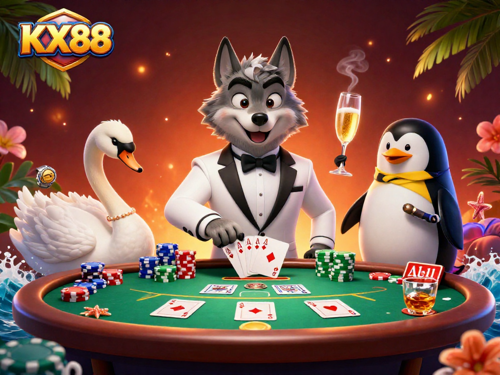 Experience thrilling gambling with KX88 at a vibrant baccarat table featuring 3D cartoon characters.