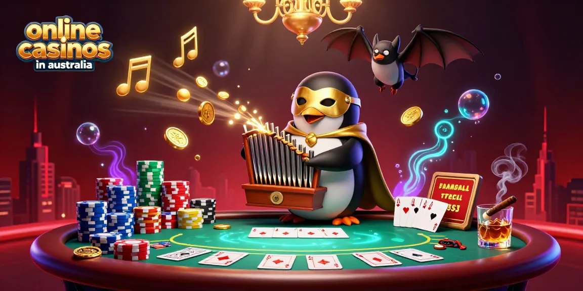 Engaging scene showcasing online casinos in australia featuring a penguin playing an organ shooting coins.
