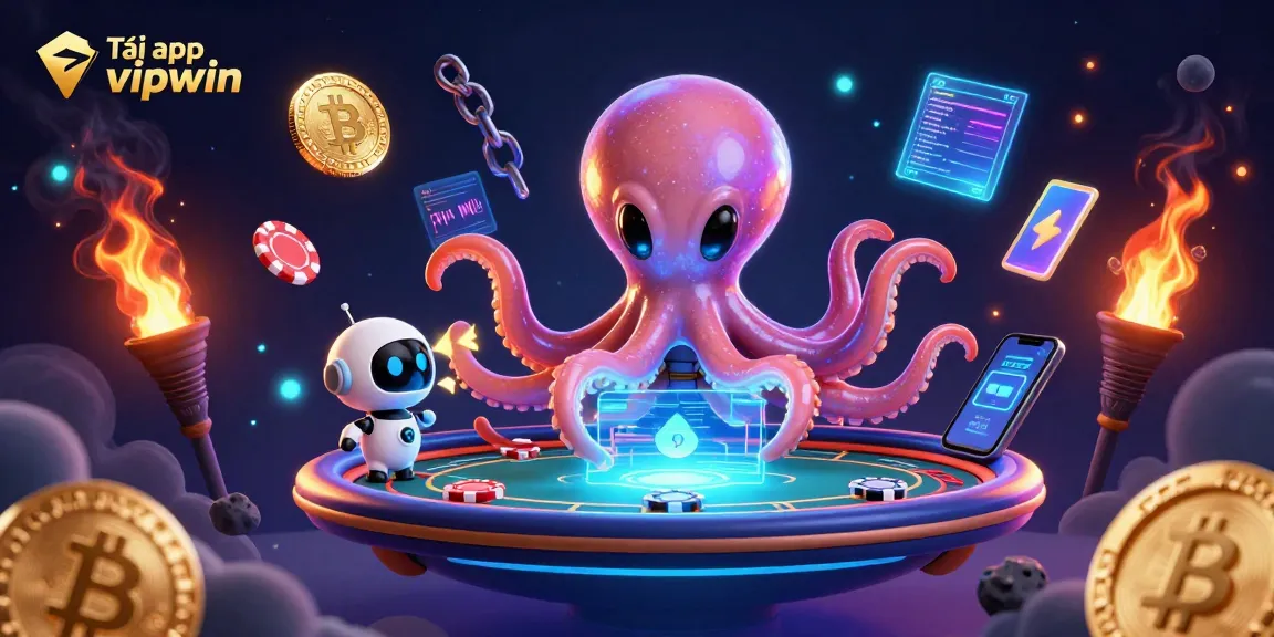 Play Tải app vipwin with an alien octopus at a holographic poker table in cosmic style.