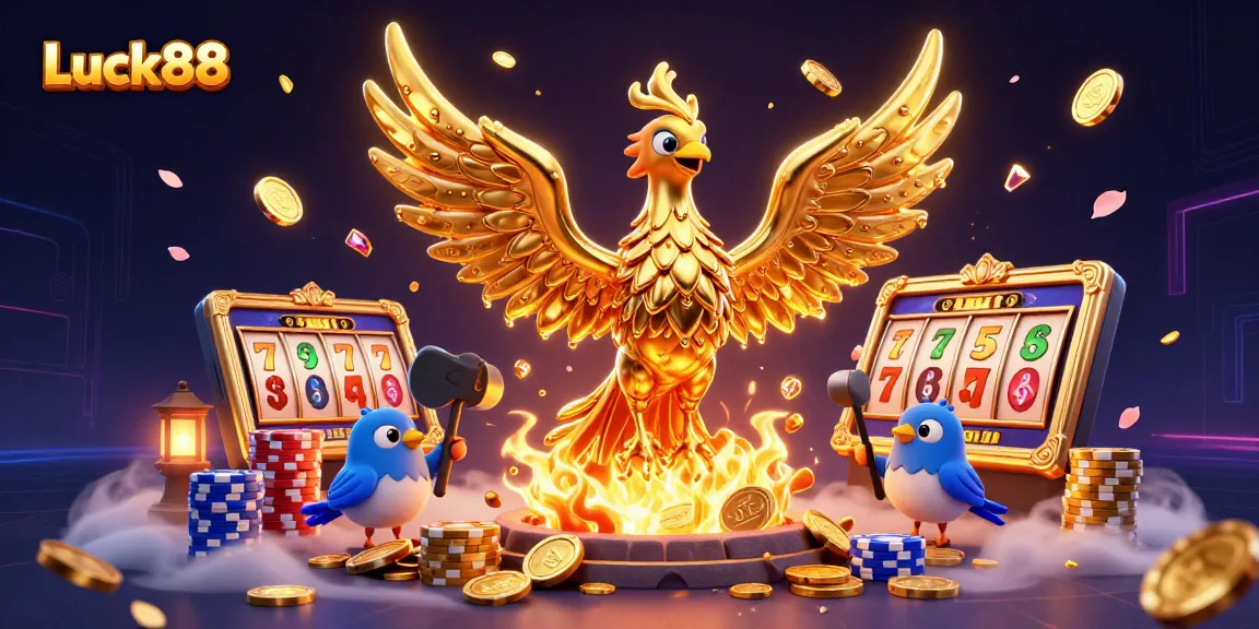 Engage with Luck88 and spin to win in this vibrant 3D casino illustration featuring dynamic game elements.