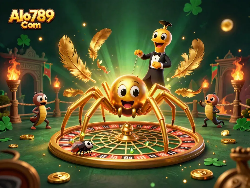 Spin the bets at Alo789 Com with a golden spider and dynamic gambling elements in a vibrant scene.