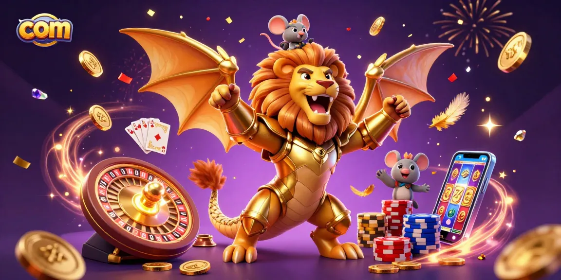 Experience thrilling wins at com with a vibrant 3D illustration showcasing a golden chimera and casino elements.