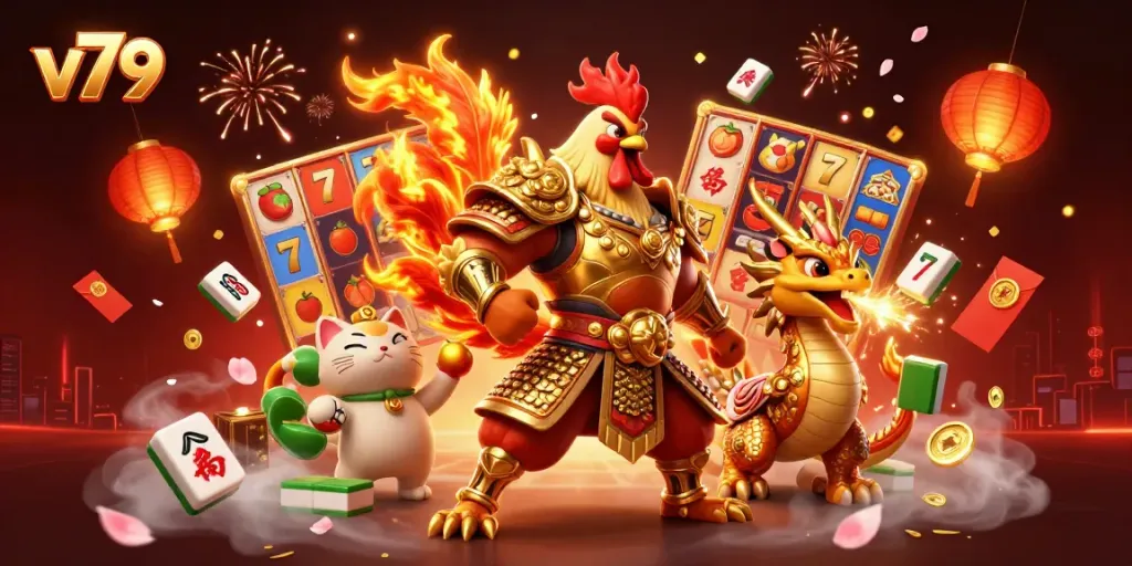 Engage in thrilling gameplay at v79 with a dynamic scene featuring iconic casino symbols and characters.