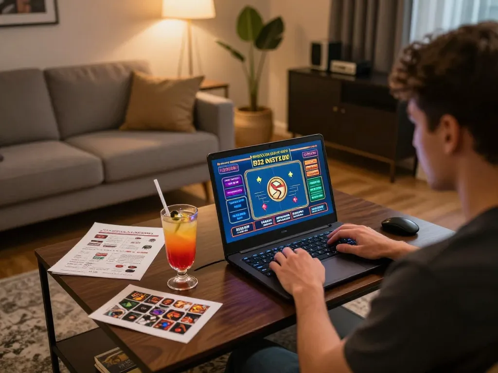 Player immersed in a b52 game on a laptop, showcasing online casino experience in a cozy setting.