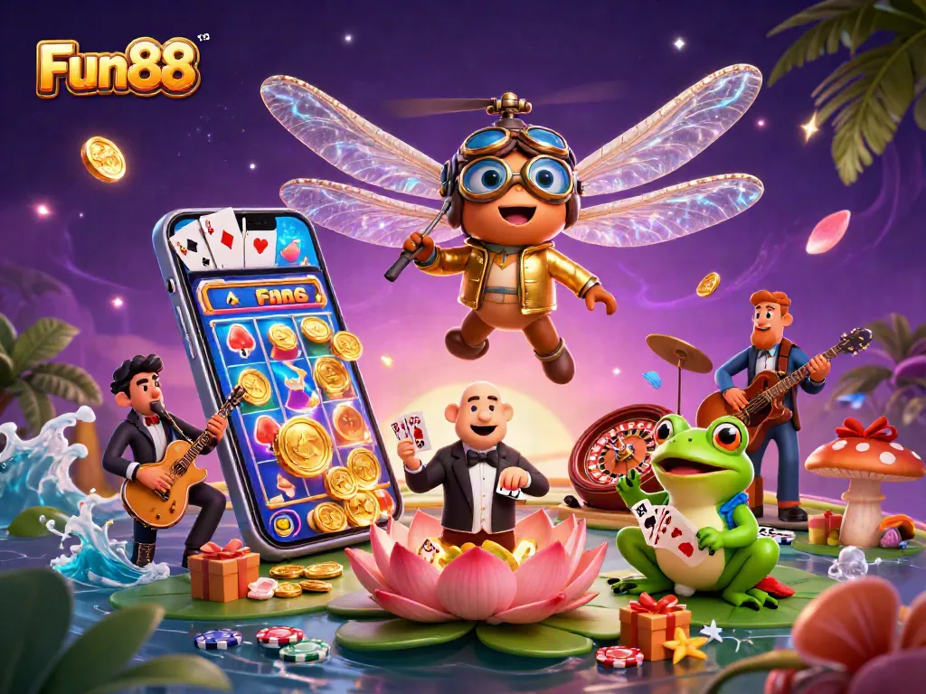 Engage with Fun88's vibrant gaming scene featuring lively characters and dynamic casino elements.