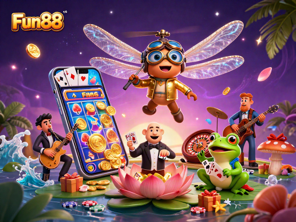 Engage with Fun88's vibrant gaming scene featuring lively characters and dynamic casino elements.