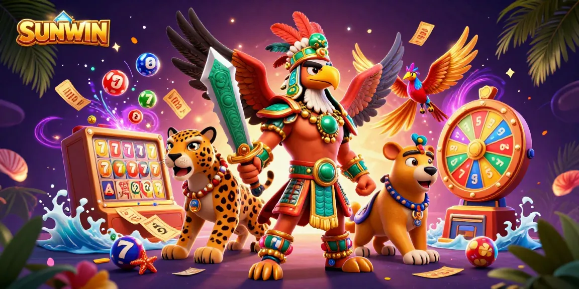 SUNWIN showcases vibrant slot reels and a rich gambling scene with dynamic characters and game elements.
