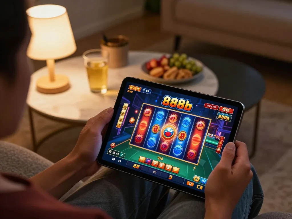 Engaging player enjoying 888b casino app at home with colorful slot game display.