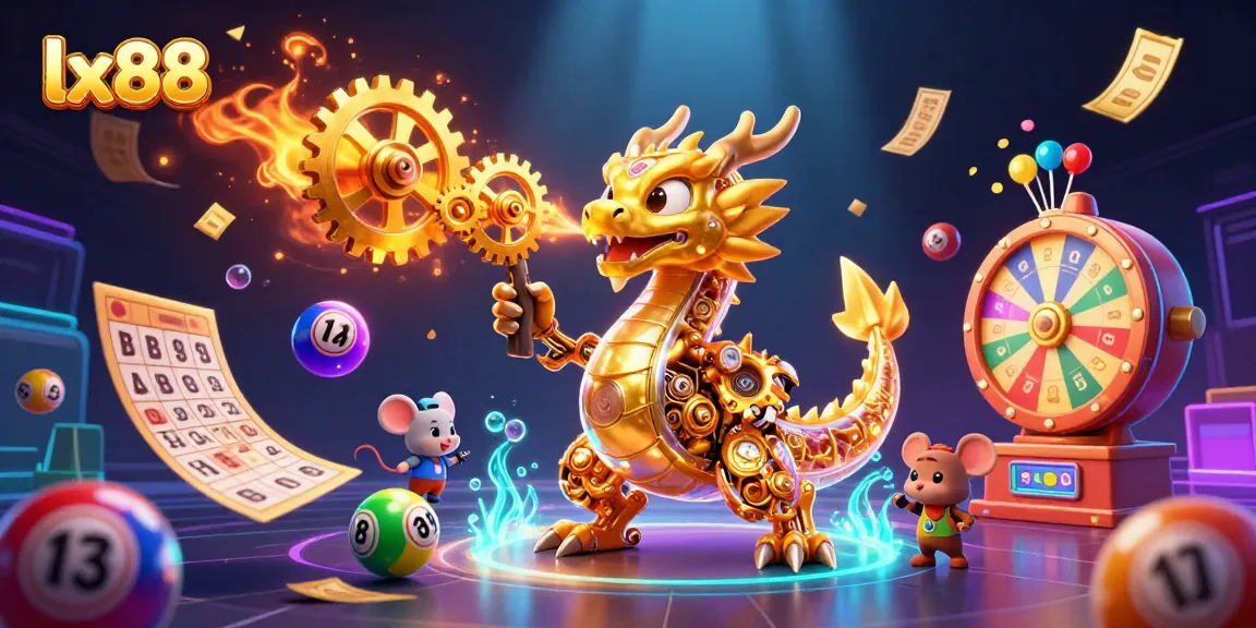 Engage with lx88's vibrant lottery experience featuring dynamic elements like bouncing balls and a golden dragon.