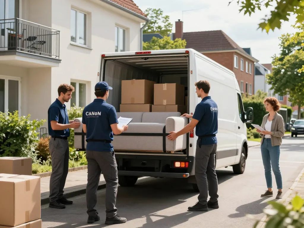 Effizientes Umzugsunternehmen Hannover-Team lädt Kisten in einen Umzugswagen, um einen reibungslosen Umzugsprozess zu gewährleisten.