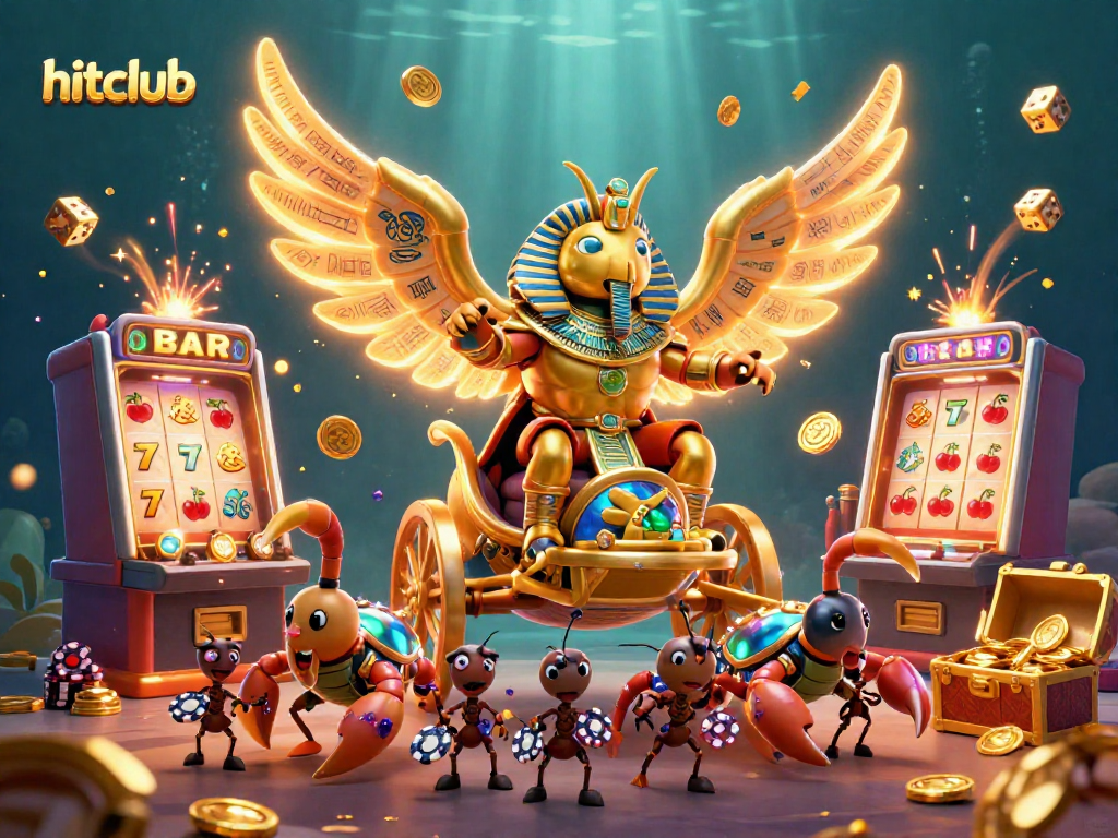 Experience the vibrant action of hitclub's casino with a golden scarab, dazzling symbols, and floating treasures.