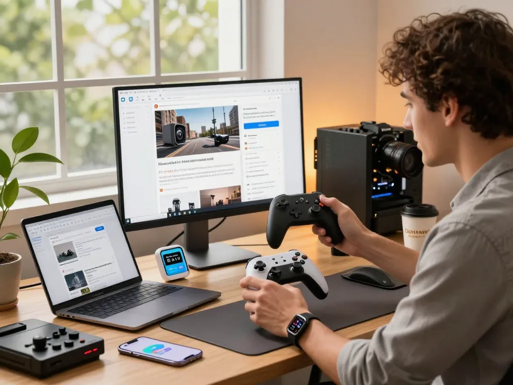 Innovative tech gadgets showcased on a modern workspace desk with a professional testing various devices.
