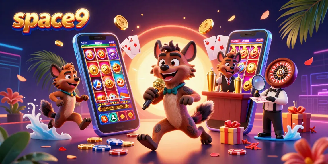 Engage with space9 in an exciting casino scene featuring hyenas as fun characters in a vibrant atmosphere.