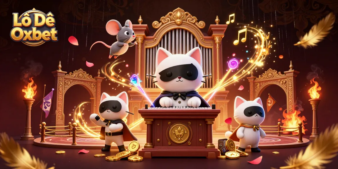 Lô Đề Oxbet showcases an immersive, dynamic casino scene with a phantom white cat and golden musical elements amidst a colorful backdrop.