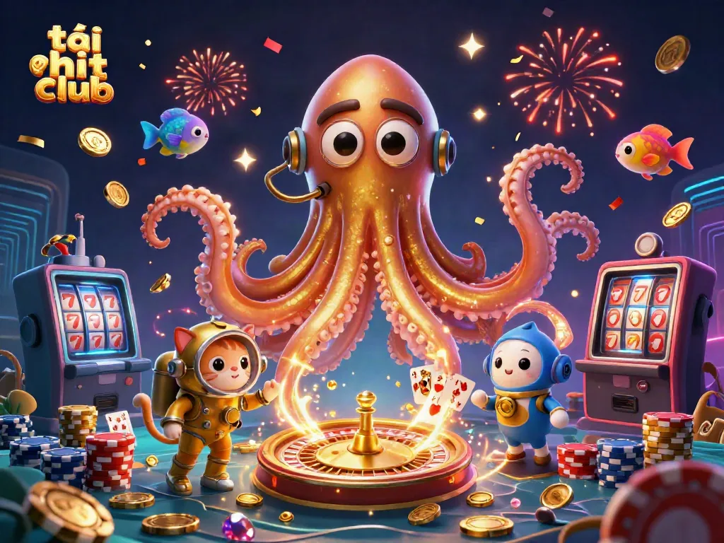 Play exciting games and tải hit club to unlock treasure with the colossal kraken and diving cat in this vibrant casino scene.