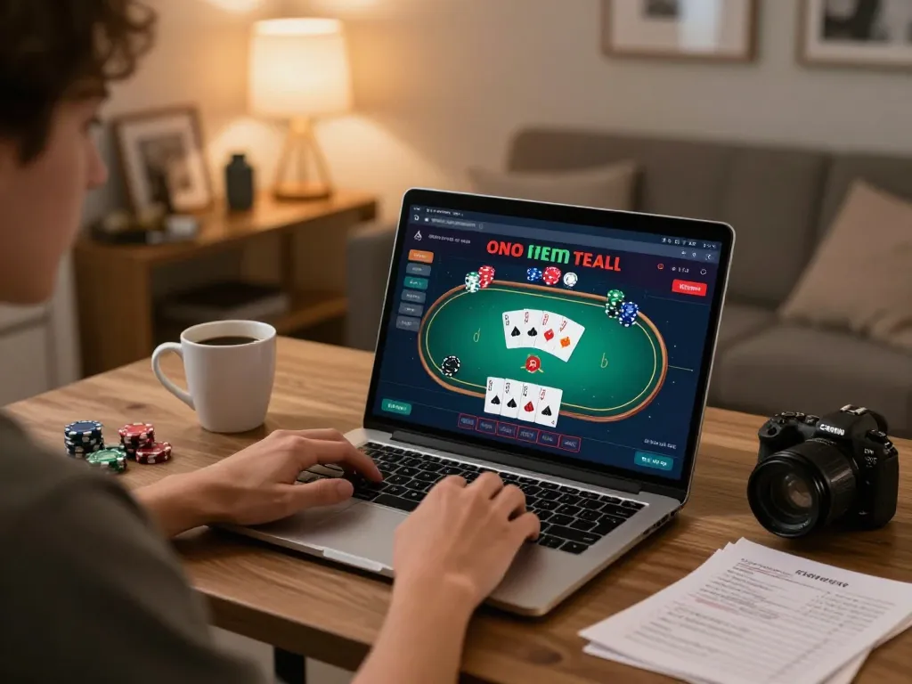 Engaging with online poker at home, showcasing uu 88 gaming interface, chips, and strategic notes.