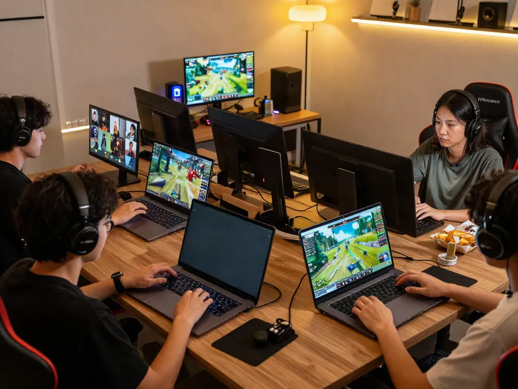 Engaging online gaming session at FIVE88 showcasing players focused on screens in a vibrant gaming room.