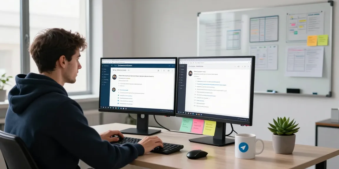 Developer using the Telegram Web Version in a modern workspace with dual screens and collaborative tools.