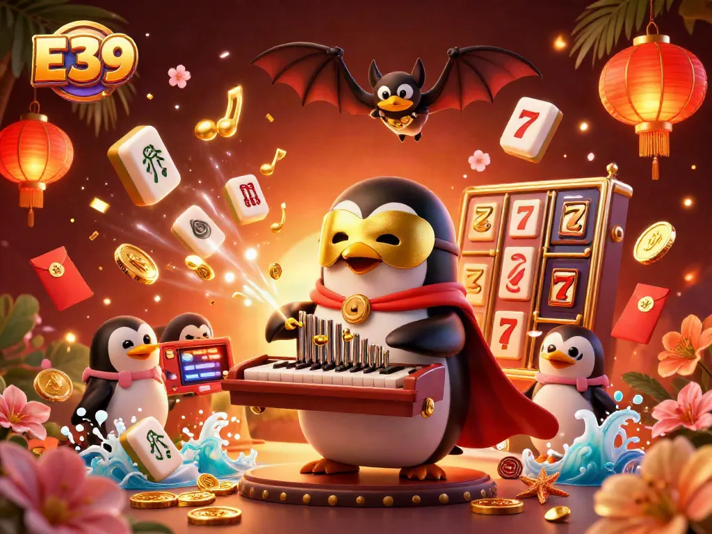 Experience E39 with an exciting scene featuring a penguin playing a pipe organ, slot reels, and golden coins.