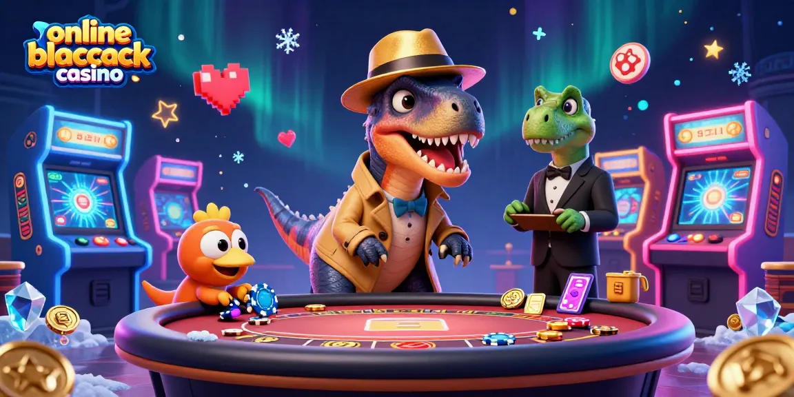 Engage in animated gameplay at an online blackjack casino with a velociraptor card counter and stegosaurus pit boss.