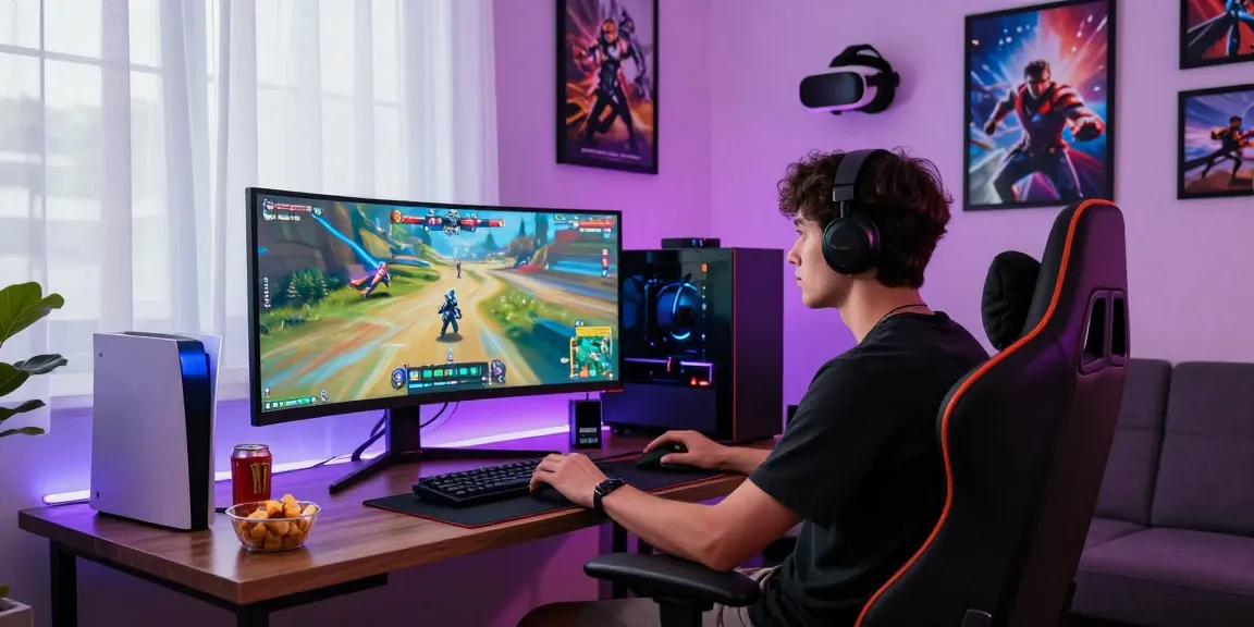 Engaged gamer enjoying iwin gaming experience in a stylish setup with vibrant LED lighting.